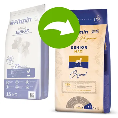 Fitmin Maxi Senior krmivo pre psov, nové balenie so 76 % živočíšnych zložiek, 12 kg. Vhodné pre starších psov veľkých plemien.