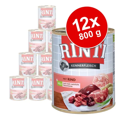 Set 12 conserve Rinti Kennerfleisch mit Rind, 800 g fiecare. Pe etichetă: imagini cu carne de vită și textul 'noch mehr natürliche Fleischstücke'.