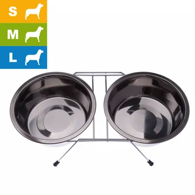 Icônes de tailles de chien : S sur fond orange, M sur fond vert, L sur fond bleu, chaque taille accompagnée d'une silhouette de chien.