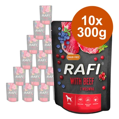Rafi with Beef, getreidefrei, 10 x 300g. Abgebildet sind Verpackungen mit Rindfleisch, Blaubeeren und Preiselbeeren sowie Symbole für Adult-Hunde, hochwertige Zutaten und keine Konservierungsstoffe. Rafi with Beef, getreidefrei, 10 x 300g. Abgebildet sind Verpackungen mit Rindfleisch, Blaubeeren und Preiselbeeren sowie Symbole für Adult-Hunde, hochwertige Zutaten und keine Konservierungsstoffe.