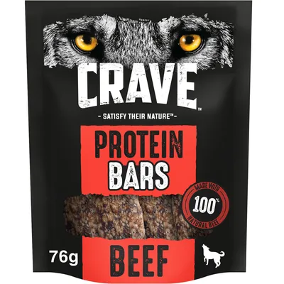 Crave protein bars, beef flavour, 76g pack, made with 100% natural beef. Text: Satisfy their nature.