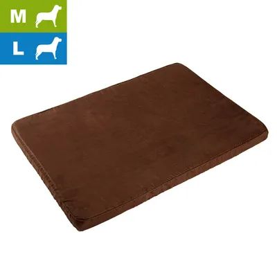 Coussin pour chien en tissu marron, format rectangulaire. Indication des tailles M et L pour chiens visibles en haut à gauche.