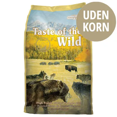Taste of the Wild hundefoder, High Prairie Canine Formula with Roasted Bison & Roasted Venison. Tekst: UDEN KORN. A GRAIN-FREE DIET.