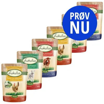 Flere poser Lukullus Adult vådfoder 300 g med forskellige varianter. Stor blå cirkel med teksten 'PRØV NU' dækker delvist poserne. Flere poser Lukullus Adult vådfoder 300 g med forskellige varianter. Stor blå cirkel med teksten 'PRØV NU' dækker delvist poserne.