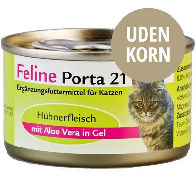 Feline Porta 21 kattemad dåse, Hühnerfleisch mit Aloe Vera in Gel, Ergänzungsfuttermittel für Katzen, UDEN KORN synligt på emballagen.