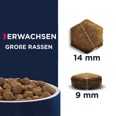Suha hrana za odrasle pse velikih pasmina. Veličina kroketa: promjer 14 mm, visina 9 mm.