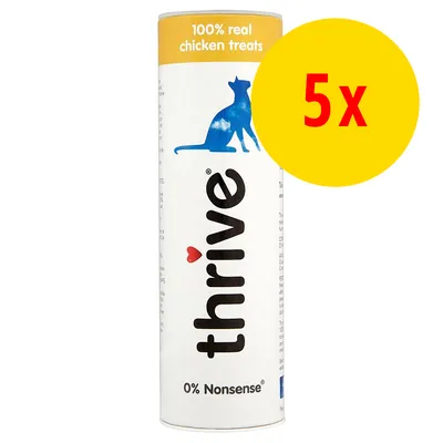thrive 100% real chicken treats, 0% Nonsense. Pakke med 5 stk. Synlig blå kattegrafik på emballagen.