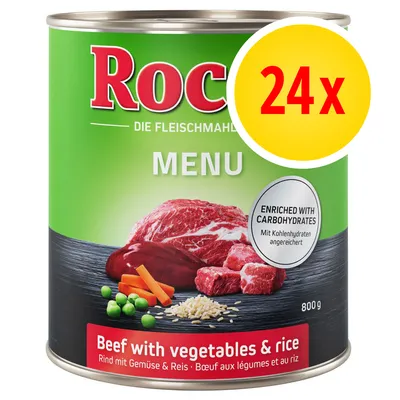 Tin labelled beef with vegetables and rice, enriched with carbohydrates. Large yellow circle shows 24x. Tin weight 800g.