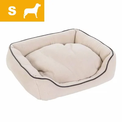 Legowisko dla psa, rozmiar S widoczny w lewym górnym rogu, materiał jasna tkanina z ciemną lamówką, prostokątny kształt z podwyższonymi bokami.