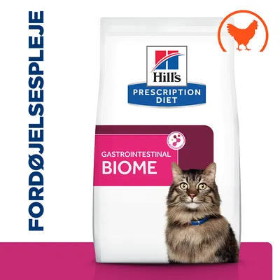 Hill's Prescription Diet Gastrointestinal Biome kattefoder, billede af kat, tekst: FORDØJELSESPLEJE, orange kyllingesymbol øverst til højre