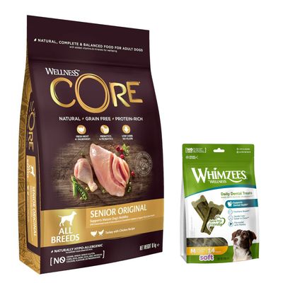 Wellness CORE Senior Original, getreidefreies Hundefutter mit Truthahn und Huhn für alle Rassen. Hypoallergen, frisches Fleisch als Hauptzutat, Präbiotika, keine künstlichen Zusätze.