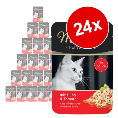 Lot de 24 sachets Miamor pour chat, visible : mit Huhn & Tomate, In Sauce, Helle Filetstückchen in delikater Sauce. Texte en allemand.