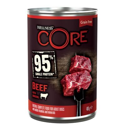Wellness CORE, 95% Single Protein, Grain Free, Beef with Broccoli, Natural Complete Food for Adult Dogs mit Vitaminen und Mineralien, 400g.