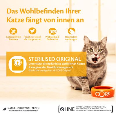 Sterilised Original: Unterstützt sterilisierte Katzen mit weniger Fett für gesundes Gewichtsmanagement. Getreidefrei, frisches Fleisch, Präbiotika, hypoallergen, ohne künstliche Zusätze.