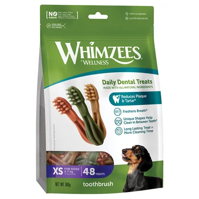 Whimzees Daily Dental Treats XS pour chiens 2–7 kg, 48 friandises, poids net 360 g. Sans céréales, gluten ni colorants artificiels. Forme brosse à dents, image d’un chien en bas à droite.
