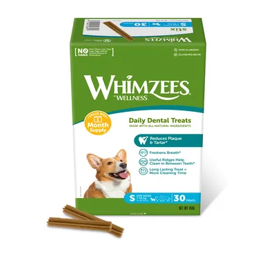 Boîte Whimzees Wellness Daily Dental Treats, 30 sticks pour chiens S (7–12 kg), texte en anglais sur la réduction de la plaque, haleine fraîche, boîte verte avec photo de chien et sticks visibles.
