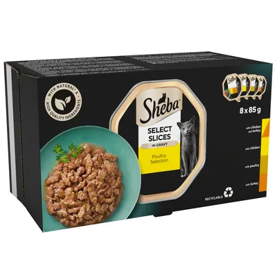 Sheba Select Slices in Gravy Poultry Selection, 8 x 85g. Includes with chicken and turkey, with chicken, with poultry, with turkey. Made with natural, high quality ingredients.