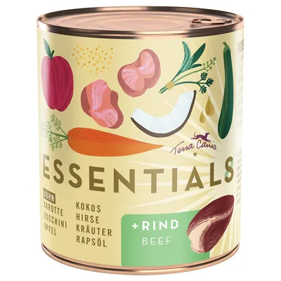 Terra Canis Essentials wet food with chicken, carrot, courgette, apple, coconut, millet, herbs, rapeseed oil and added beef.
