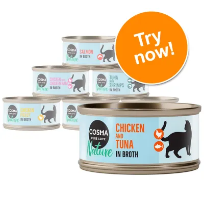Cosma Nature cat food tins: Chicken and Tuna in Broth, Chicken Fillet in Broth, Salmon in Broth, Tuna with Shrimps in Broth, Chicken with Chicken Ham in Broth. Orange badge: Try now!