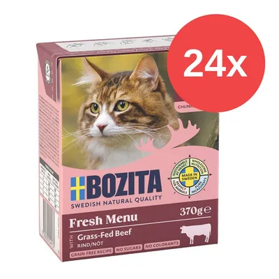 Bozita Fresh Menu mit Grass-Fed Beef, 370g, 24x Packung. Made in Sweden, Getreidefrei, ohne Zucker und Farbstoffe. Nachhaltige Zutaten.