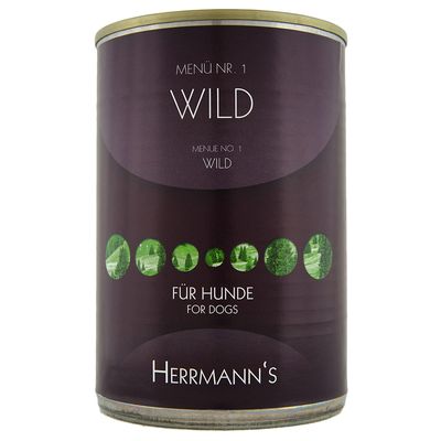 Hermanns Menü Nr. 1 Wild, Für Hunde For Dogs, dåse med mørklilla etiket og grønne cirkler. Tekst på tysk og engelsk synlig på emballagen.