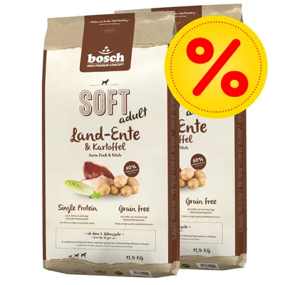 bosch SOFT adult Land-Ente & Kartoffel, Single Protein, Grain free, 12,5 kg. Immagine di due sacchi con simbolo percentuale per offerta.