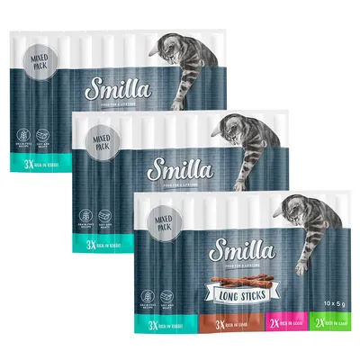 Smilla Long Sticks Mixed Pack, 10x5g. Ricetta senza cereali, morbidi e carnosi. Gusti: coniglio, agnello, oca, selvaggina. Adatti ai gatti.