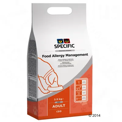 Опаковка SPECIFIC Food Allergy Management, 2.5 кг, DOG ADULT CDD. Видими са икони за яйце и ориз, псилиумови фибри, куче, текст на английски.