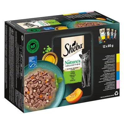 Sheba Nature's Collection в сос, фино разнообразие, микс селекция, 12 x 85 г. Сертифициран устойчив риболов MSC. Рециклируема хартия.