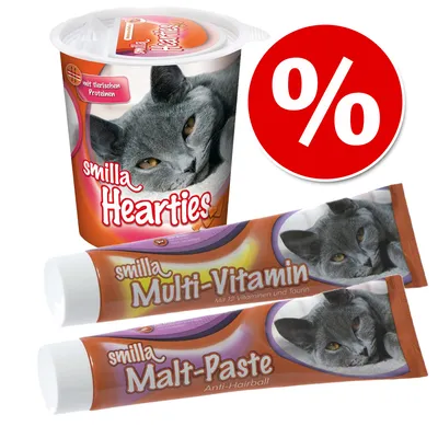 Smilla Hearties, Smilla Multi-Vitamin en Smilla Malt-Paste Anti-Hairball kattensnacks met afbeelding van kat en kortingssymbool (%) op de verpakking.