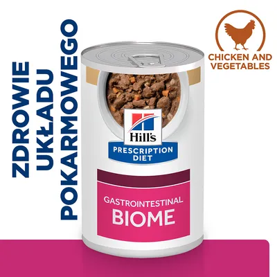 Hill's Prescription Diet Gastrointestinal Biome, zdrowie układu pokarmowego, chicken and vegetables. Etykieta na puszce mokrej karmy z widoczną zawartością.