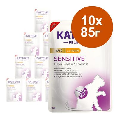 Kattovit Feline Diet Sensitive пастет с пиле, хипоалергенна щадяща храна, подпомага при поносимости, 10x85 г, подбрани източници на протеини и въглехидрати.