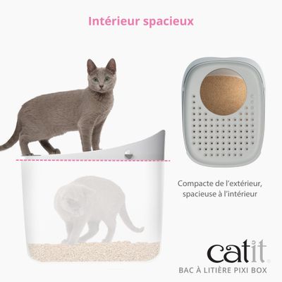 catit BAC À LITIÈRE PIXI BOX Toilette pour chat avec un intérieur spacieux, compacte à l’extérieur. Le chat se tient debout et s’assoit dans la box. Vue du dessus sur le couvercle avec une entrée ronde.