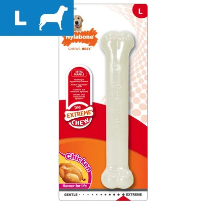 Large Nylabone Extreme Chew, extra durable for aggressive chewers, chicken flavour, labelled as gentle to extreme, suitable for challenging chewing needs. Large Nylabone Extreme Chew, extra durable for aggressive chewers, chicken flavour, labelled as gentle to extreme, suitable for challenging chewing needs.