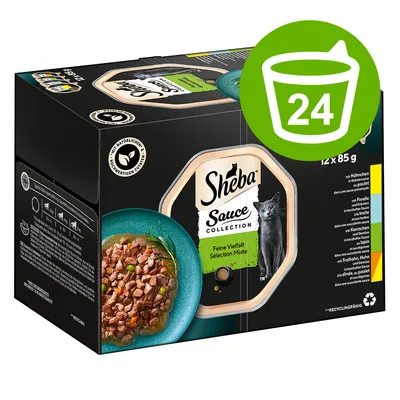 Boîte Sheba Sauce Collection Sélection Mixte, 24 portions de 85 g. Texte visible : ingrédients naturels, recyclage. Image d’un plat de nourriture pour chat en sauce.