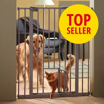 Metallgrind för husdjur med liten lucka, hund och katt visas. Stor gul cirkel med röd text: TOP SELLER.