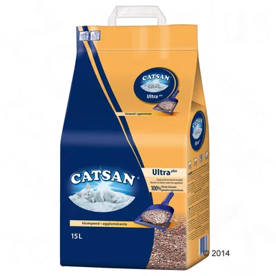 Sac de litière agglomérante Catsan Ultra plus, 15L. Texte visible : 100 % Klump-Garantie, garantie agglomérante. Marque et visuel du produit sur l'emballage.