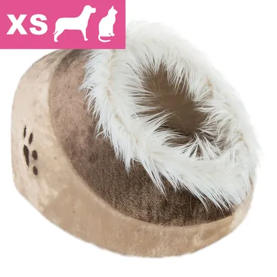 Brunt og beige kæledyrshule i plys med hvid kant, XS-størrelse. Poteaftryk på siden. Ikoner for hund og kat samt teksten 'XS' synligt øverst til venstre. Brunt og beige kæledyrshule i plys med hvid kant, XS-størrelse. Poteaftryk på siden. Ikoner for hund og kat samt teksten 'XS' synligt øverst til venstre.