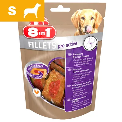 8in1 FILLETS pro active Chicken Snack, synlig tekst: Premium Chicken Snacks, aromatiseret med glucosamin og chondroitin. Billede af hund og kyllingesnacks i gennemsigtig pose.