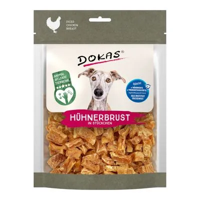 Zak Dokas Hühnerbrust in Stückchen, afbeelding van hond op verpakking, tekst: Animal Welfare Tierwohl, diced chicken breast, SGS INSTITUT FRESENIUS, kipfiletstukjes zichtbaar.