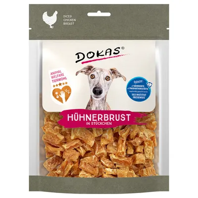 Dokas peito de frango em pedaços, certificado de bem-estar animal com selo Animal Welfare e testado pelo SGS Institut Fresenius. Embalagem mostra pedaços de peito de frango seco.
