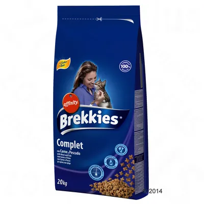 Brekkies Complet con Carne y Pescado kissanruokapakkaus, 20 kg. Sininen pussi, jossa näkyy nainen ja kissa sekä tuotetietoja espanjaksi ja englanniksi.