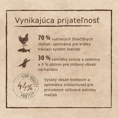 Vynikajúca prijateľnosť: 70 % živočíšnych zložiek, 30 % ovocia a zeleniny, 0 % obilnín, vysoký obsah bielkovín, 44 % proteín. Text o optimálnej znášanlivosti pre mačky.