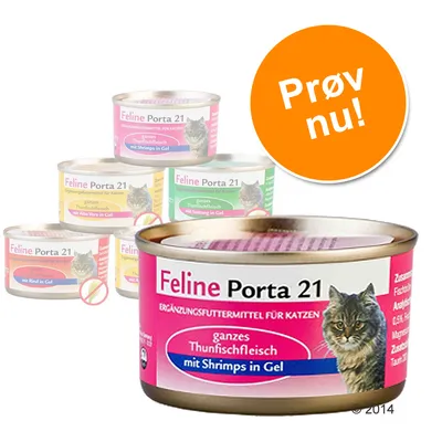 Feline Porta 21 dåsemad til katte, synlige varianter: ganzes Thunfischfleisch mit Shrimps in Gel, mit Rind in Gel, mit Aloe Vera in Gel, mit Seealgen in Gel. Prøv nu!