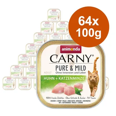Animonda Carny Pure & Mild Adult, chicken + catnip, without offal and liver, 64 x 100g. 100% fresh ingredients, grain and sugar free, with taurine.