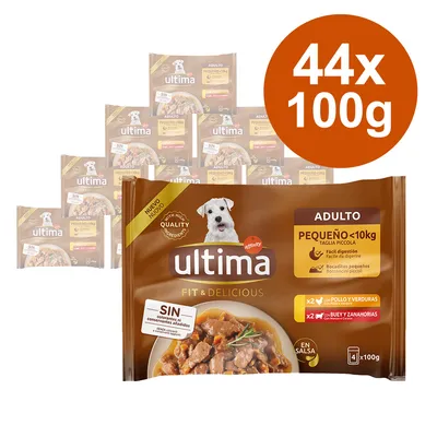 Ultima Adulto Fit & Delicious for small dogs under 10kg, 44x100g. No colourants or preservatives. Varieties: chicken with vegetables and beef with carrots in sauce.