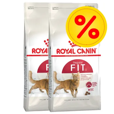 Royal Canin Regular Fit 32 Trockenfutter für Katzen, zwei Packungen mit gelbem Prozentzeichen für Rabattaktion.