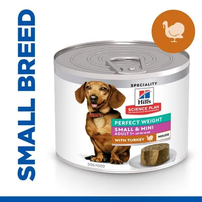 Hill's Science Plan Perfect Weight Small & Mini Adult 1+ до 10 кг с пуешко, мус; консерва за кучета, изображение на малко куче и парче храна. Видим текст: SMALL BREED. Hill's Science Plan Perfect Weight Small & Mini Adult 1+ до 10 кг с пуешко, мус; консерва за кучета, изображение на малко куче и парче храна. Видим текст: SMALL BREED.