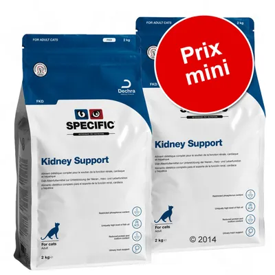 2 sacs de croquettes Specific Kidney Support pour chats adultes, 2 kg chacun, marque Dechra. Texte visible : Prix mini sur un cercle rouge. 2 sacs de croquettes Specific Kidney Support pour chats adultes, 2 kg chacun, marque Dechra. Texte visible : Prix mini sur un cercle rouge.