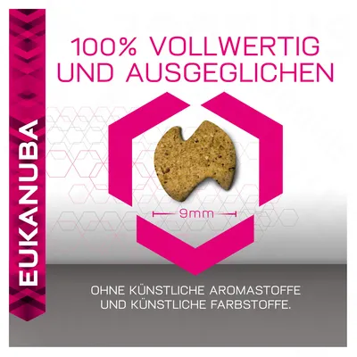 Eukanuba, 100% VOLLWERTIG UND AUSGEGLICHEN, bez umjetnih aroma i boja. Prikaz oblika granule promjera 9 mm. Tekst na njemačkom jeziku.